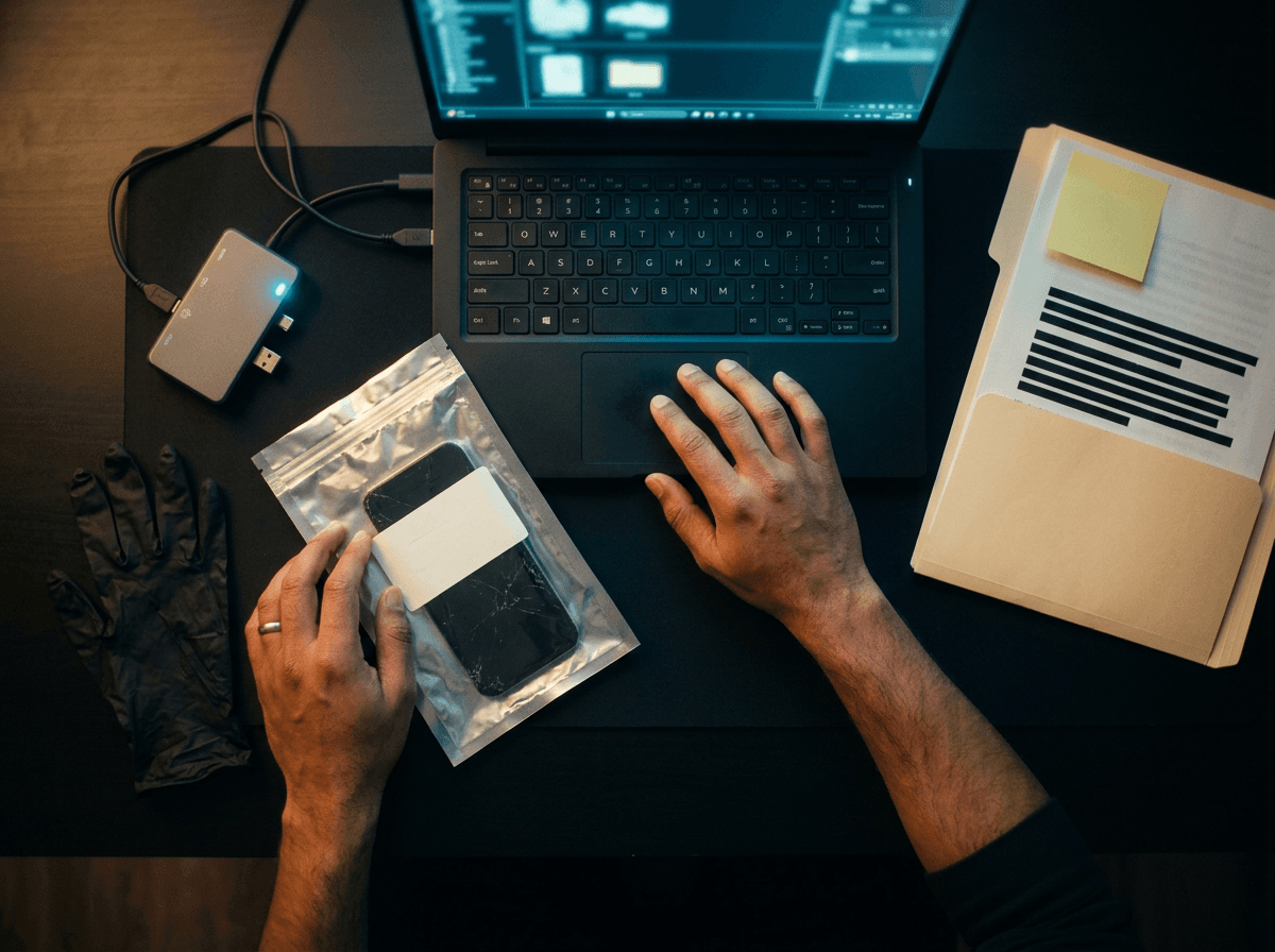 Forensic examiner reviewing redacted case file evidence